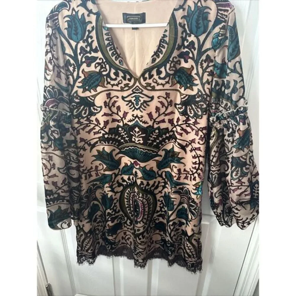 Alexia Admor Velvet Patterned Burnout Dress Size M Tunic Bell‎ Sleeve V Neck